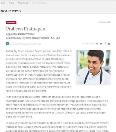 Hospitality.net article about Chef Prabeen Prathapan